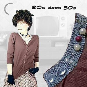 50s Style Beaded Cardigan with Jeweled Neck, VFG 90s Large Size Rockabilly
